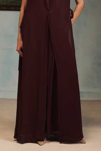 Pankaj & Nidhi Wine Georgette, Tulle High Neck Veinna Vesper Cape And Pant Set Online at Aza Fashions Pankaj & Nidhi_Wine Georgette, Tulle High Neck Veinna Vesper Cape And Pant Set _Online_at_Aza_Fashions