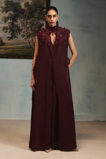 Buy Pankaj & Nidhi Wine Georgette, Tulle High Neck Veinna Vesper Cape And Pant Set Online at Aza Fashions Buy_Pankaj & Nidhi_Wine Georgette, Tulle High Neck Veinna Vesper Cape And Pant Set _Online_at_Aza_Fashions