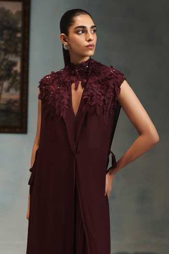 Pankaj & Nidhi Wine Georgette, Tulle High Neck Veinna Vesper Cape And Pant Set at Aza Fashions Pankaj & Nidhi_Wine Georgette, Tulle High Neck Veinna Vesper Cape And Pant Set _at_Aza_Fashions