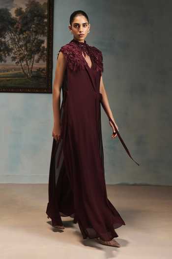 Pankaj & Nidhi Wine Georgette Choker Neck Veinna Vesper Cape Online at Aza Fashions Pankaj & Nidhi_Wine Georgette Choker Neck Veinna Vesper Cape _Online_at_Aza_Fashions