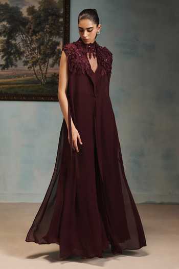 Buy Pankaj & Nidhi Wine Georgette Choker Neck Veinna Vesper Cape Online at Aza Fashions Buy_Pankaj & Nidhi_Wine Georgette Choker Neck Veinna Vesper Cape _Online_at_Aza_Fashions