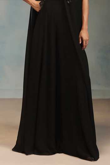 Pankaj & Nidhi Black Organza, Georgette Collared Neck Veinna Obsidienne Cape And Pant Set Online at Aza Fashions Pankaj & Nidhi_Black Organza, Georgette Collared Neck Veinna Obsidienne Cape And Pant Set _Online_at_Aza_Fashions