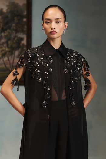 Buy Pankaj & Nidhi Black Organza, Georgette Collared Neck Veinna Obsidienne Cape And Pant Set Online at Aza Fashions Buy_Pankaj & Nidhi_Black Organza, Georgette Collared Neck Veinna Obsidienne Cape And Pant Set _Online_at_Aza_Fashions
