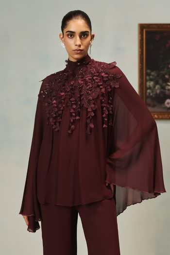 Pankaj & Nidhi Wine Georgette High Neck Veinna Claret Top And Pant Set Online at Aza Fashions Pankaj & Nidhi_Wine Georgette High Neck Veinna Claret Top And Pant Set _Online_at_Aza_Fashions