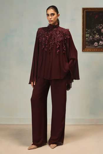 Buy Pankaj & Nidhi Wine Georgette High Neck Veinna Claret Top Online at Aza Fashions Buy_Pankaj & Nidhi_Wine Georgette High Neck Veinna Claret Top _Online_at_Aza_Fashions