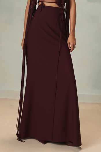 Pankaj & Nidhi Wine Crepe, Tulle High Neck Veinna Merlot Top And Column Skirt Set Online at Aza Fashions Pankaj & Nidhi_Wine Crepe, Tulle High Neck Veinna Merlot Top And Column Skirt Set _Online_at_Aza_Fashions