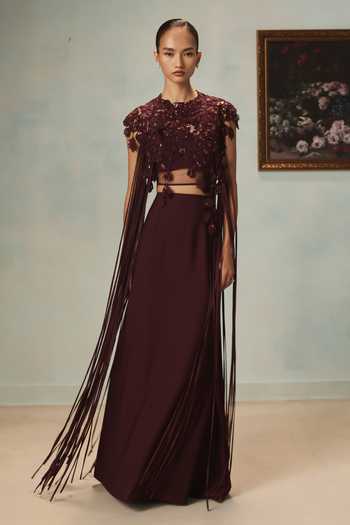 Buy Pankaj & Nidhi Wine Crepe, Tulle High Neck Veinna Merlot Top And Column Skirt Set Online at Aza Fashions Buy_Pankaj & Nidhi_Wine Crepe, Tulle High Neck Veinna Merlot Top And Column Skirt Set _Online_at_Aza_Fashions