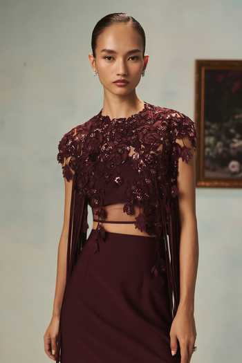 Shop Pankaj & Nidhi Wine Crepe, Tulle High Neck Veinna Merlot Top And Column Skirt Set Online at Aza Fashions Shop_Pankaj & Nidhi_Wine Crepe, Tulle High Neck Veinna Merlot Top And Column Skirt Set _Online_at_Aza_Fashions