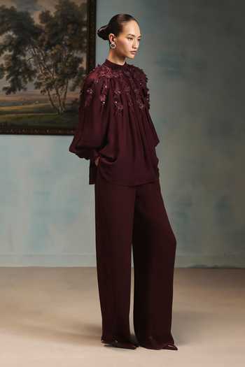 Buy Pankaj & Nidhi Wine Georgette High Neck Veinna Cardinal Top And Pant Set Online at Aza Fashions Buy_Pankaj & Nidhi_Wine Georgette High Neck Veinna Cardinal Top And Pant Set _Online_at_Aza_Fashions