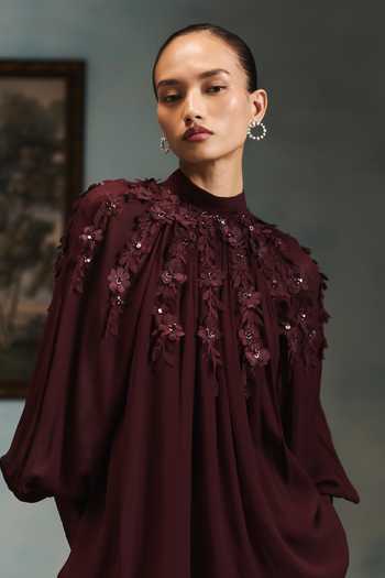 Shop Pankaj & Nidhi Wine Georgette High Neck Veinna Cardinal Top And Pant Set Online at Aza Fashions Shop_Pankaj & Nidhi_Wine Georgette High Neck Veinna Cardinal Top And Pant Set _Online_at_Aza_Fashions