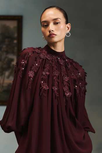Buy Pankaj & Nidhi Wine Georgette Choker Neck Veinna Cardinal Top Online at Aza Fashions Buy_Pankaj & Nidhi_Wine Georgette Choker Neck Veinna Cardinal Top _Online_at_Aza_Fashions