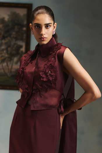 Pankaj & Nidhi Wine Organza Collared Neck Veinna Crimson Veil Shirt Online at Aza Fashions Pankaj & Nidhi_Wine Organza Collared Neck Veinna Crimson Veil Shirt _Online_at_Aza_Fashions