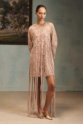 Pankaj & Nidhi Pink Tulle Round Neck Veinna Golden Fringe Dress Online at Aza Fashions Pankaj & Nidhi_Pink Tulle Round Neck Veinna Golden Fringe Dress _Online_at_Aza_Fashions