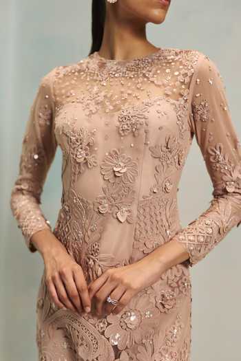 Pankaj & Nidhi Pink Tulle High Neck Veinna Rosegold Dress Online at Aza Fashions Pankaj & Nidhi_Pink Tulle High Neck Veinna Rosegold Dress _Online_at_Aza_Fashions