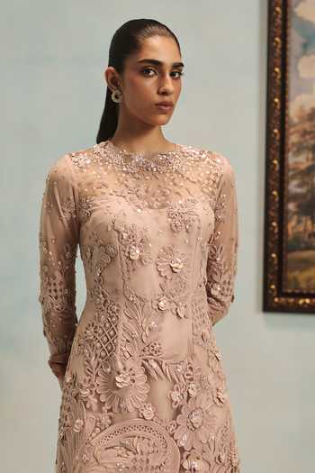 Buy Pankaj & Nidhi Pink Tulle High Neck Veinna Rosegold Dress Online at Aza Fashions Buy_Pankaj & Nidhi_Pink Tulle High Neck Veinna Rosegold Dress _Online_at_Aza_Fashions
