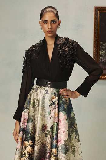 Pankaj & Nidhi Black Georgette V-neck Veinna Ravensong Top Online at Aza Fashions Pankaj & Nidhi_Black Georgette V-neck Veinna Ravensong Top _Online_at_Aza_Fashions