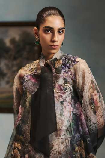 Pankaj & Nidhi_Black Organza High Neck Veinna Emberglade Dress _Online_at_Aza_Fashions