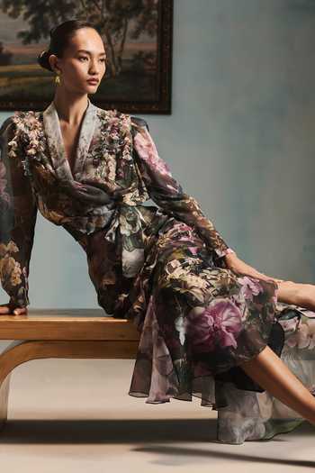 Pankaj & Nidhi Multi Color Chiffon V-neck Veinna Wildmere Top And Skirt Set Online at Aza Fashions Pankaj & Nidhi_Multi Color Chiffon V-neck Veinna Wildmere Top And Skirt Set _Online_at_Aza_Fashions