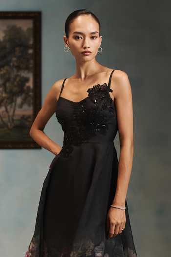 Pankaj & Nidhi Black Organza Sweetheart Neck Veinna Fernglow Dress Online at Aza Fashions Pankaj & Nidhi_Black Organza Sweetheart Neck Veinna Fernglow Dress _Online_at_Aza_Fashions