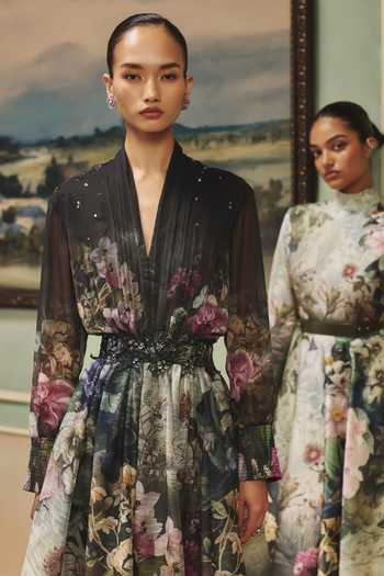 Shop Pankaj & Nidhi Multi Color Jersey, Quilted High Neck Veinna Evermoss Top And Skirt Set Online at Aza Fashions Shop_Pankaj & Nidhi_Multi Color Jersey, Quilted High Neck Veinna Evermoss Top And Skirt Set _Online_at_Aza_Fashions