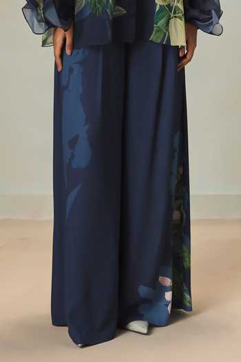 Pankaj & Nidhi Blue Georgette, Chiffon High Neck Veinna Indigo Haze Top And Pant Set Online at Aza Fashions Pankaj & Nidhi_Blue Georgette, Chiffon High Neck Veinna Indigo Haze Top And Pant Set _Online_at_Aza_Fashions