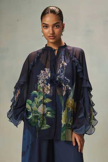 Pankaj & Nidhi Blue Chiffon Mandarin Collar Veinna Indigo Haze Top Online at Aza Fashions Pankaj & Nidhi_Blue Chiffon Mandarin Collar Veinna Indigo Haze Top _Online_at_Aza_Fashions