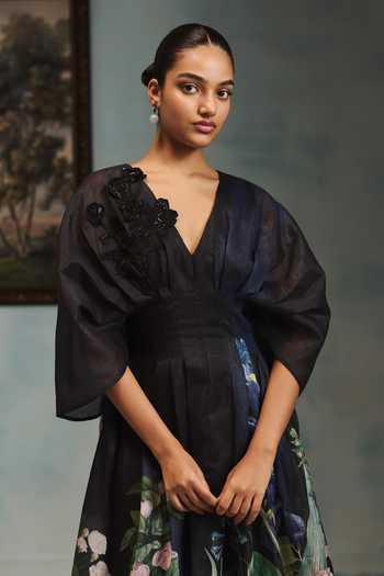 Pankaj & Nidhi Black Linen, Lurex V-neck Veinna Onyx Bloom Dress Online at Aza Fashions Pankaj & Nidhi_Black Linen, Lurex V-neck Veinna Onyx Bloom Dress _Online_at_Aza_Fashions