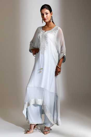 Tanu Malhotra_Blue Lurex Notched Neck Embroidered Kaftan Pant Set _Online_at_Aza_Fashions