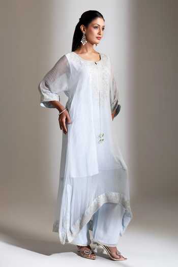 Shop_Tanu Malhotra_Blue Lurex Notched Neck Embroidered Kaftan Pant Set _Online_at_Aza_Fashions