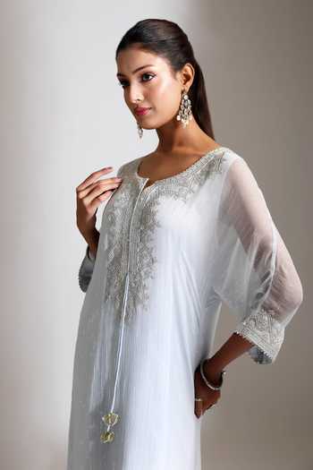 Tanu Malhotra_Blue Lurex Notched Neck Embroidered Kaftan Pant Set _at_Aza_Fashions