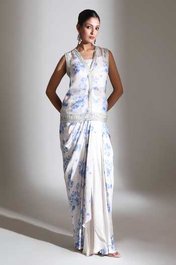 Tanu Malhotra_Blue Organza, Crepe, Satin, Modal Floral Print Jacket With Draped Skirt Set _Online_at_Aza_Fashions