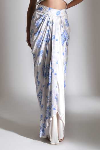 Buy_Tanu Malhotra_Blue Organza, Crepe, Satin, Modal Floral Print Jacket With Draped Skirt Set _Online_at_Aza_Fashions