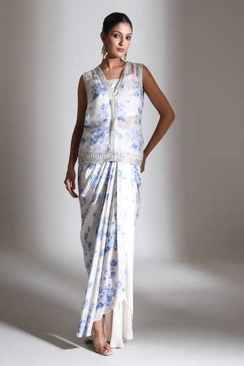 Tanu Malhotra Floral Print Jacket With Draped Skirt Set 