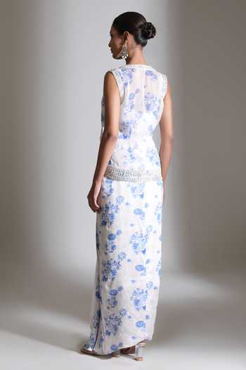 Tanu Malhotra Floral Print Jacket With Draped Skirt Set 