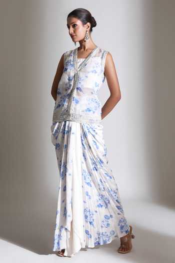 Shop_Tanu Malhotra_Blue Organza, Crepe, Satin, Modal Floral Print Jacket With Draped Skirt Set _Online_at_Aza_Fashions