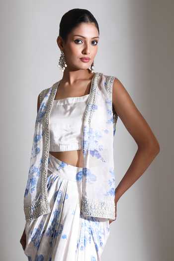 Tanu Malhotra_Blue Organza, Crepe, Satin, Modal Floral Print Jacket With Draped Skirt Set _at_Aza_Fashions
