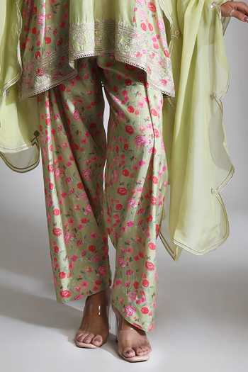Buy Tanu Malhotra Green Silk, Cotton, Organza V-neck Panel Printed Short Kurta Salwar Set Buy_Tanu Malhotra_Green Silk, Cotton, Organza V-neck Panel Printed Short Kurta Salwar Set