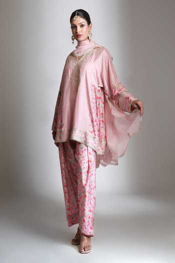 Tanu Malhotra Pink Silk, Cotton, Organza High Neck Panel Printed Short Kurta Salwar Set Online at Aza Fashions Tanu Malhotra_Pink Silk, Cotton, Organza High Neck Panel Printed Short Kurta Salwar Set _Online_at_Aza_Fashions