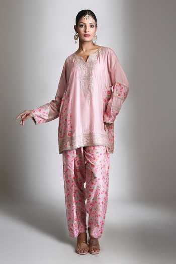 Buy Tanu Malhotra Pink Silk, Cotton, Organza High Neck Panel Printed Short Kurta Salwar Set Online at Aza Fashions Buy_Tanu Malhotra_Pink Silk, Cotton, Organza High Neck Panel Printed Short Kurta Salwar Set _Online_at_Aza_Fashions