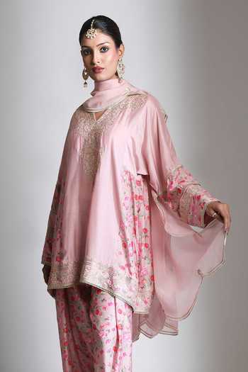 Tanu Malhotra Pink Silk, Cotton, Organza High Neck Panel Printed Short Kurta Salwar Set at Aza Fashions Tanu Malhotra_Pink Silk, Cotton, Organza High Neck Panel Printed Short Kurta Salwar Set _at_Aza_Fashions
