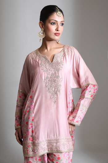Buy Tanu Malhotra Pink Silk, Cotton, Organza High Neck Panel Printed Short Kurta Salwar Set Buy_Tanu Malhotra_Pink Silk, Cotton, Organza High Neck Panel Printed Short Kurta Salwar Set