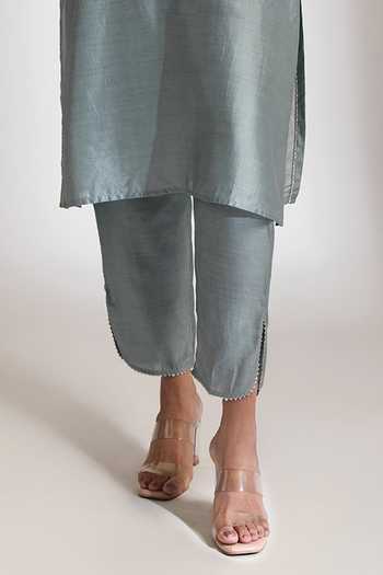 Tanu Malhotra_Blue Silk, Cotton Round Neck, Yes Mirror Embroidered Kurta And Pant _Online_at_Aza_Fashions