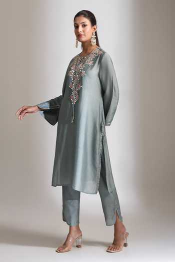Buy_Tanu Malhotra_Blue Silk, Cotton Round Neck, Yes Mirror Embroidered Kurta And Pant _Online_at_Aza_Fashions