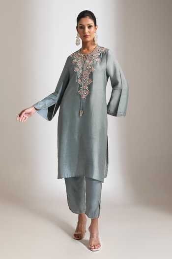 Shop_Tanu Malhotra_Blue Silk, Cotton Round Neck, Yes Mirror Embroidered Kurta And Pant _Online_at_Aza_Fashions