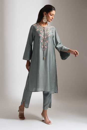 Tanu Malhotra_Blue Silk, Cotton Round Neck, Yes Mirror Embroidered Kurta And Pant _at_Aza_Fashions