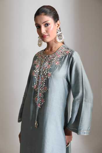 Buy_Tanu Malhotra_Blue Silk, Cotton Round Neck, Yes Mirror Embroidered Kurta And Pant 