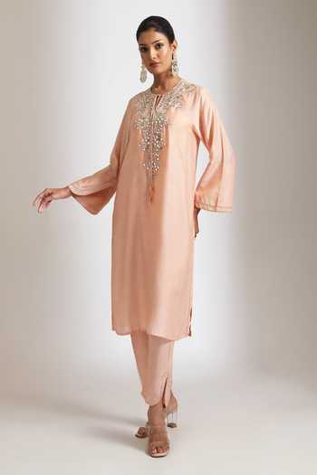 Buy Tanu Malhotra Peach Silk, Cotton Keyhole Neck Mirror Embroidered Kurta With Pant Online at Aza Fashions Buy_Tanu Malhotra_Peach Silk, Cotton Keyhole Neck Mirror Embroidered Kurta With Pant _Online_at_Aza_Fashions