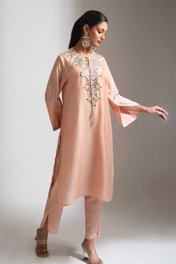 Shop Tanu Malhotra Peach Silk, Cotton Keyhole Neck Mirror Embroidered Kurta With Pant Online at Aza Fashions Shop_Tanu Malhotra_Peach Silk, Cotton Keyhole Neck Mirror Embroidered Kurta With Pant _Online_at_Aza_Fashions