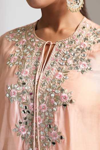 Tanu Malhotra Peach Silk, Cotton Keyhole Neck Mirror Embroidered Kurta With Pant at Aza Fashions Tanu Malhotra_Peach Silk, Cotton Keyhole Neck Mirror Embroidered Kurta With Pant _at_Aza_Fashions