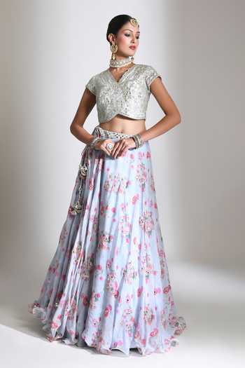 Tanu Malhotra Blue Silk, Organza V-neck Printed Lehenga Mirror Work Blouse Set Online at Aza Fashions Tanu Malhotra_Blue Silk, Organza V-neck Printed Lehenga Mirror Work Blouse Set _Online_at_Aza_Fashions
